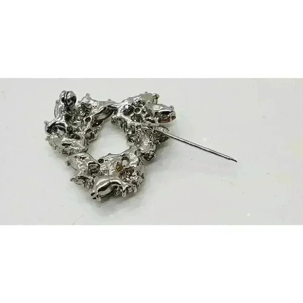 Vintage Brooch Blue And Clear Crystal Rhinestones Flower Leaves Wreath